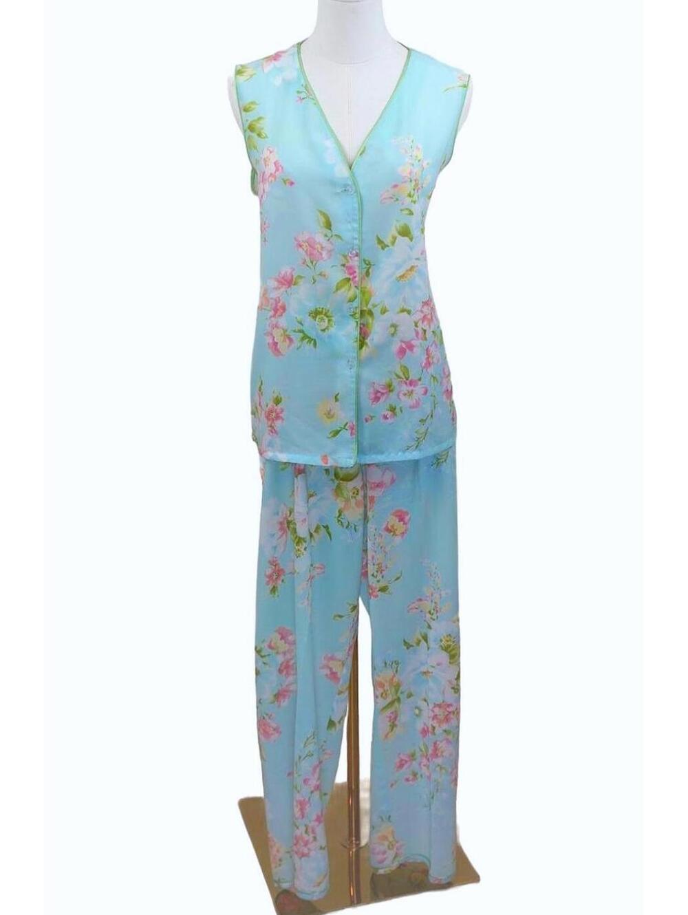Vintage‎ Oscar de la Renta Pajama Set Blue & Pink Floral 2PC Size M - Picture 5 of 5